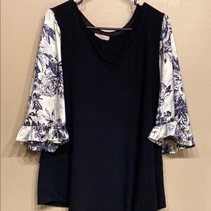Ces Femme Blue and Black Ruffled Bell Sleeve Blouse